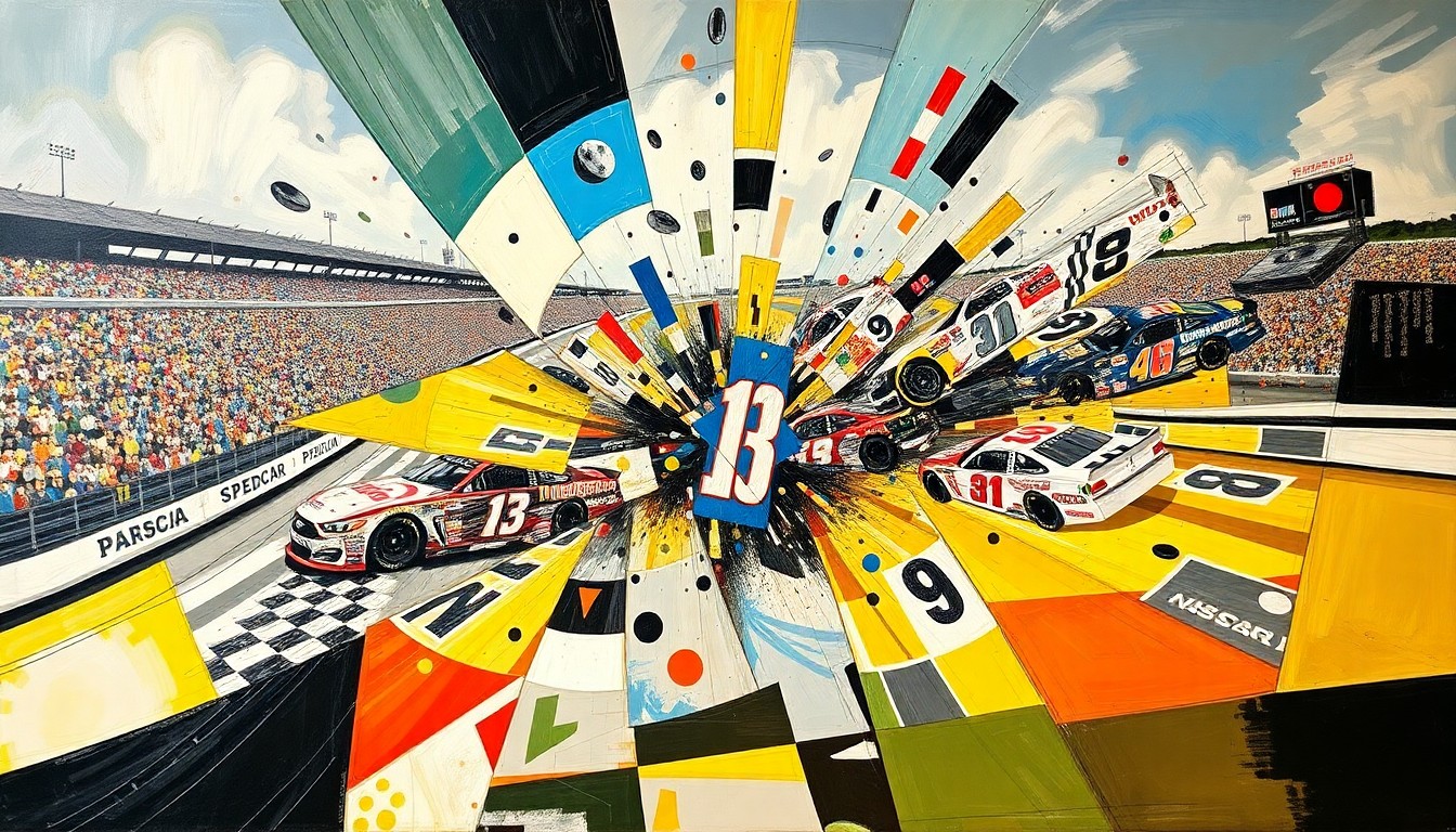 A fractured, geometric painting depicting a NASCAR race with cars colliding and breaking apart, conveying the intensity and drama of Lee Pulliam's eventful debut.
