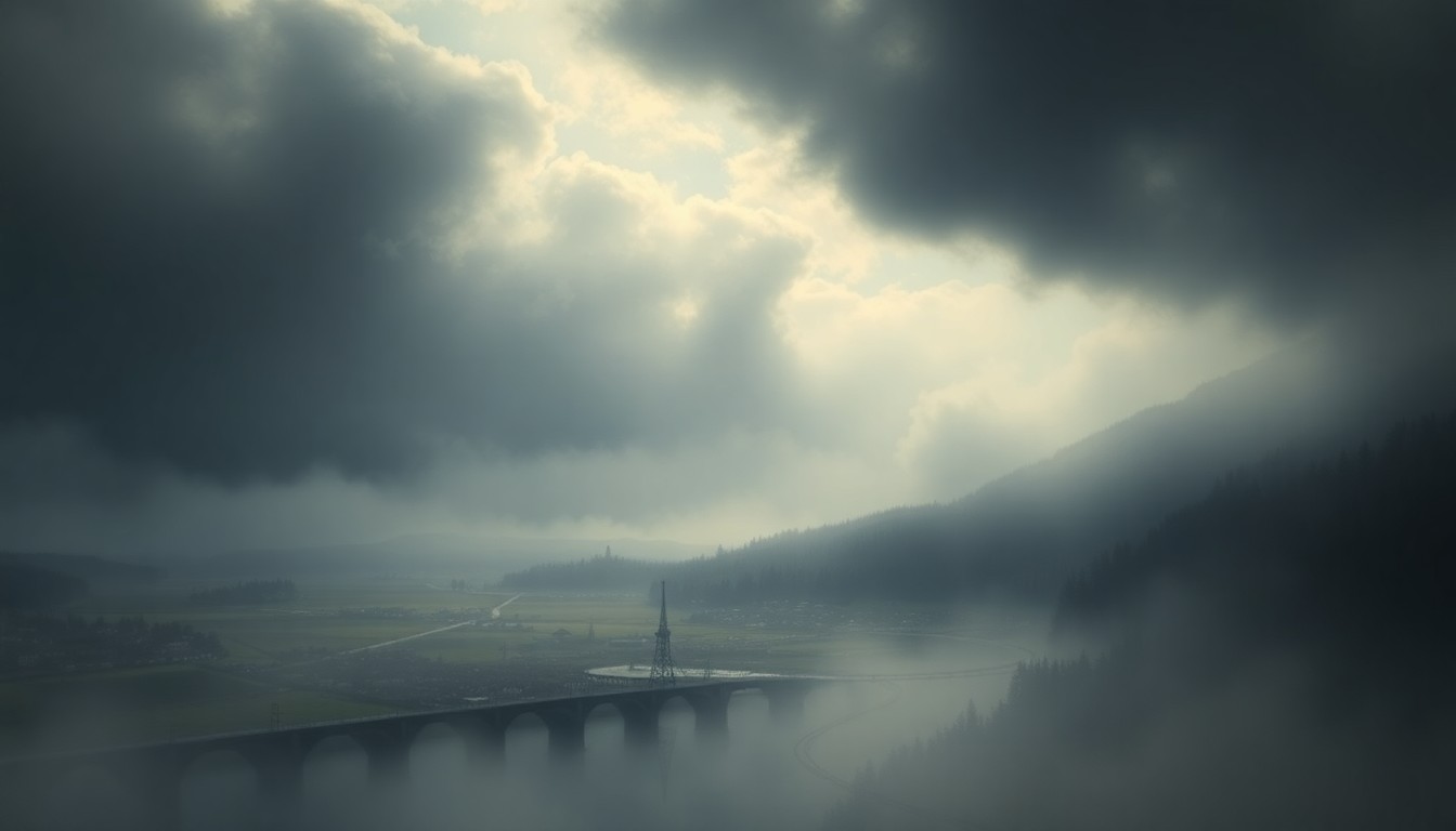 A heavily textured, atmospheric landscape painting in muted blues and grays, with the faint outlines of buildings and infrastructure barely visible through the thick fog, conveying a sense of the natural world's sublime power and the fragility of human systems.