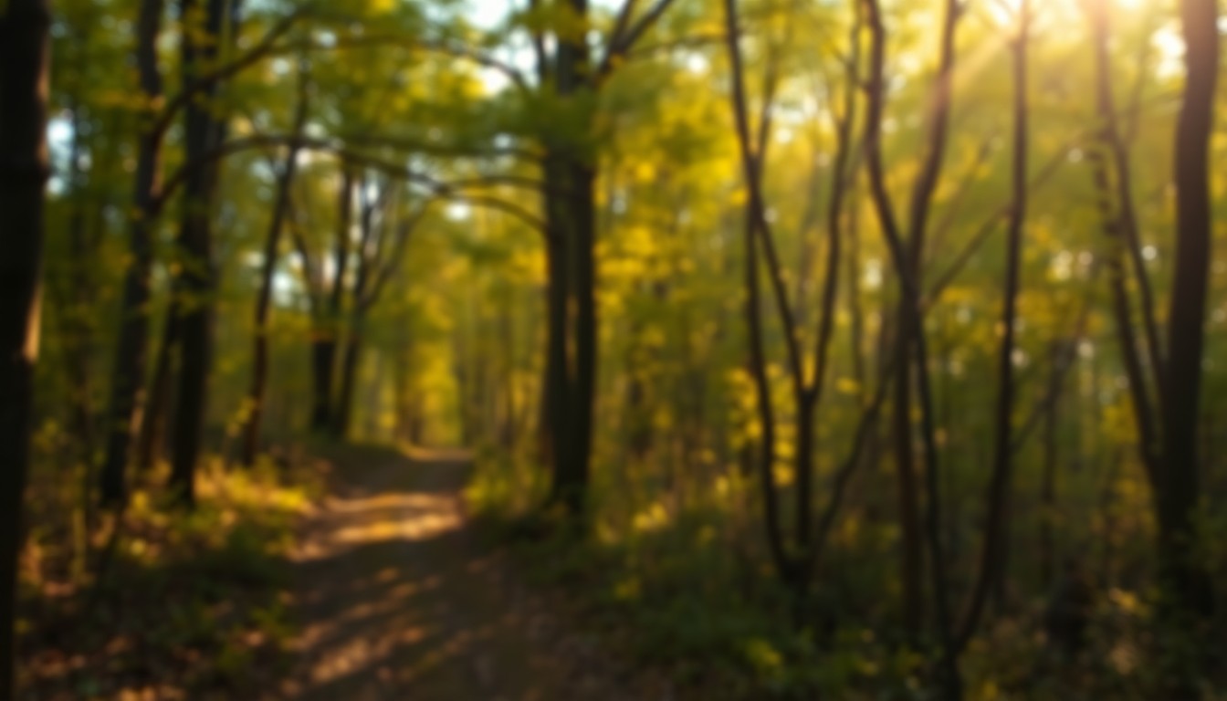 An abstract, impressionistic photograph of a wooded trail, with the scene blurred and softened by a warm, golden light, conveying the tranquility and remoteness of the Ozark Mountains.