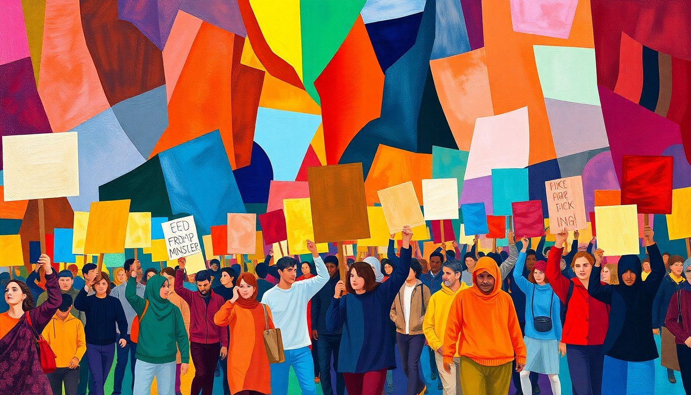 An abstract, fragmented painting depicting protesters marching and waving signs in a vibrant, energetic composition, capturing the dynamic tension between civic engagement and community celebration.