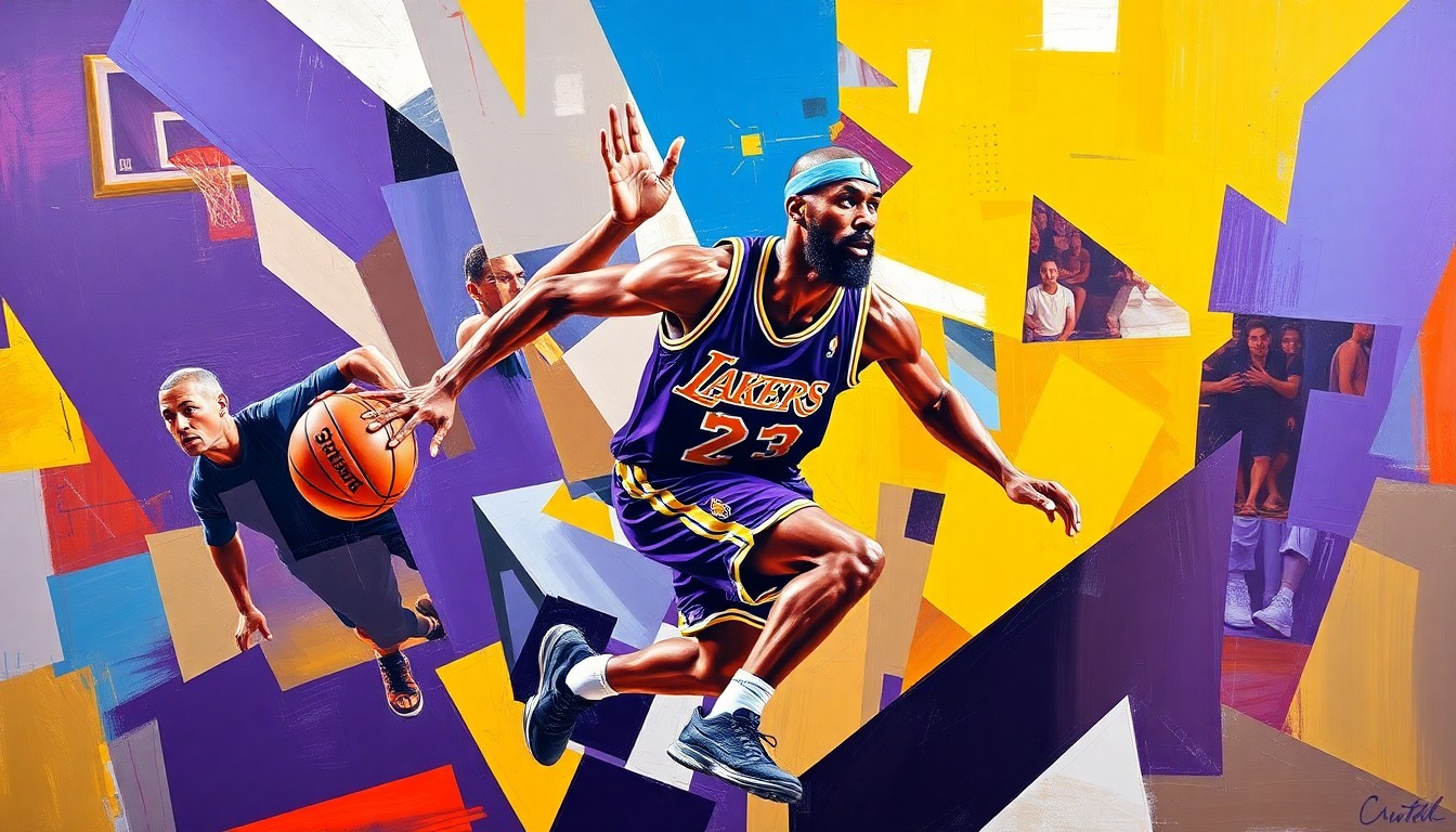 A cubist, geometric painting depicting a basketball player in motion, with sharp, overlapping planes of color representing the player's movements and the Lakers' team colors.