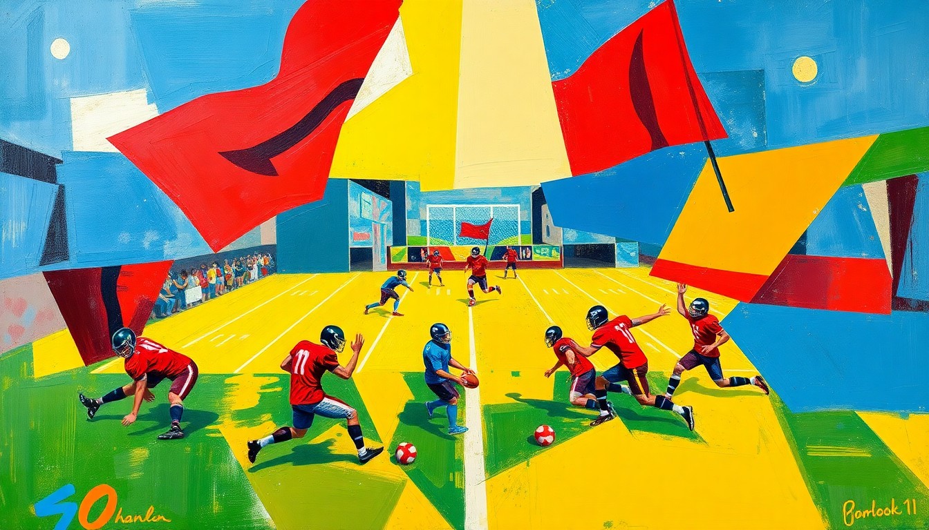 A fractured, cubist-style painting depicting the action and energy of a flag football game, with players and the ball broken down into sharp, overlapping geometric shapes and planes in a vibrant color palette.