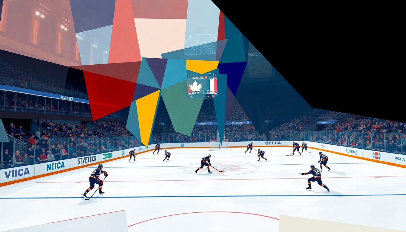 A cubist-style painting depicting a hockey game broken down into sharp, overlapping geometric shapes and planes of color, capturing the dynamic action and energy of the regional final between Minnesota Duluth and Michigan.