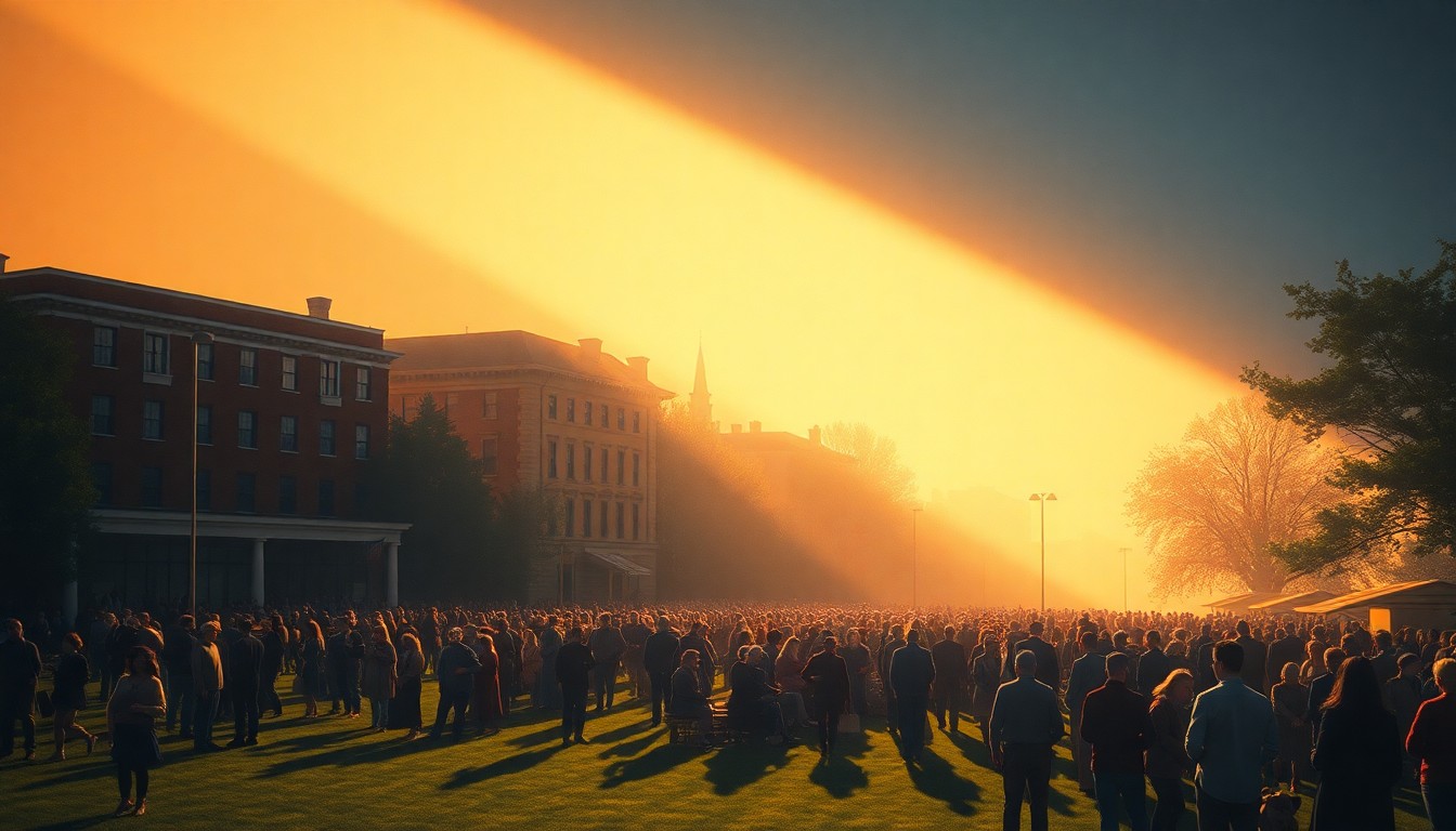 A cinematic painting of a crowd gathered on a town square lawn, with warm sunlight and deep shadows creating a nostalgic, contemplative mood, conceptually representing a community rally for civil rights and democracy.