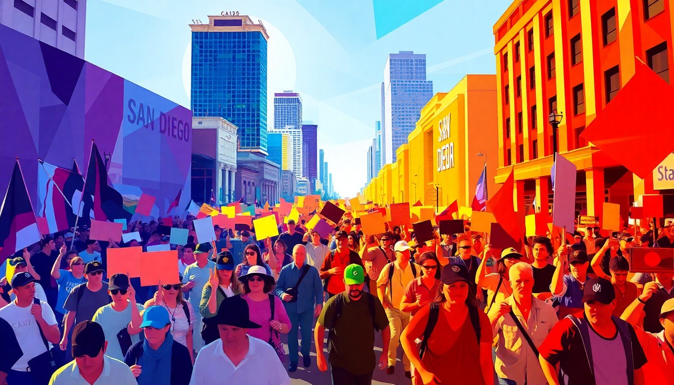 A fractured, abstract painting of a crowd of protesters marching through the streets, with signs and banners waving in a riot of bright, overlapping colors, capturing the energy and momentum of the 'No Kings' movement.