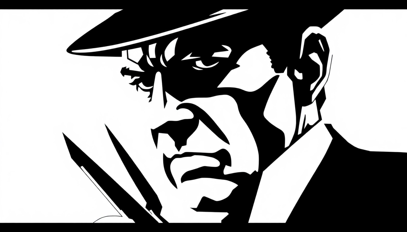 An abstract, minimalist illustration using bold, jagged black silhouettes against a stark white background to conceptually represent the stern, authoritarian persona of a classic film character.