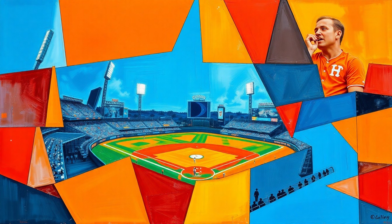 A dynamic, geometric painting in bold colors that breaks down a baseball scene into overlapping planes, conveying the energy and passion of the sport.