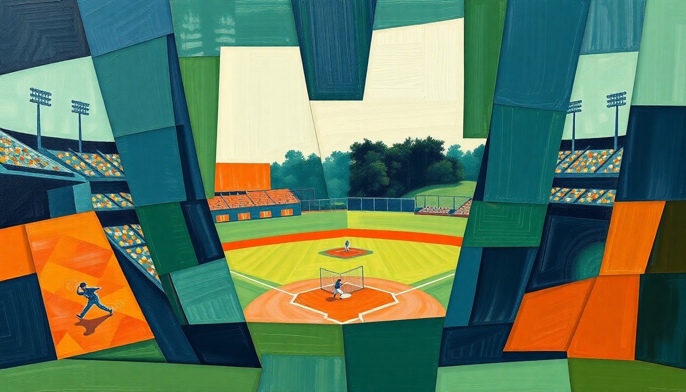A fragmented, geometric painting depicting a high school baseball game, with overlapping planes of navy, green, and orange representing the dynamic movements and energy of the players on the field.