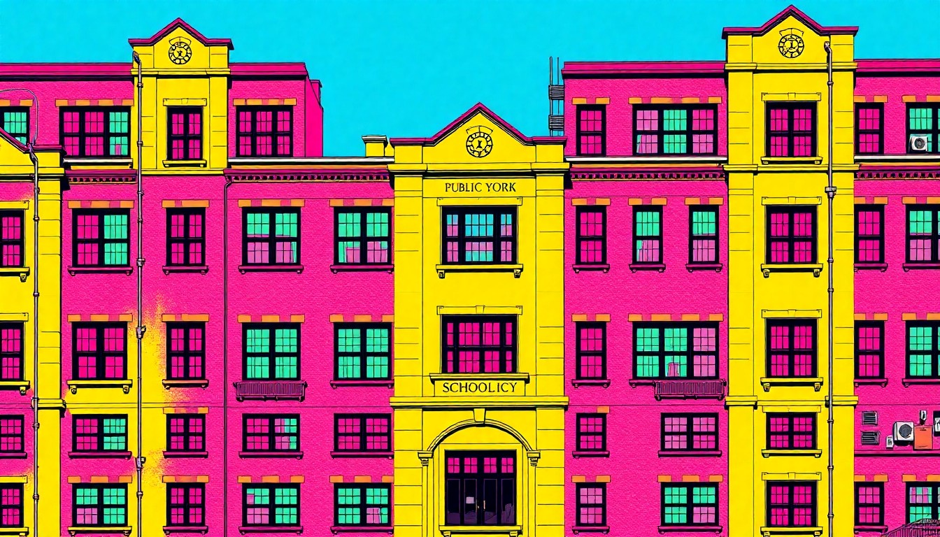 A bold, colorful silkscreen-style illustration featuring a repeating grid of a generic New York City public school building, rendered in vibrant neon hues and high-contrast black outlines, conceptually representing the systemic barriers to educational opportunity.