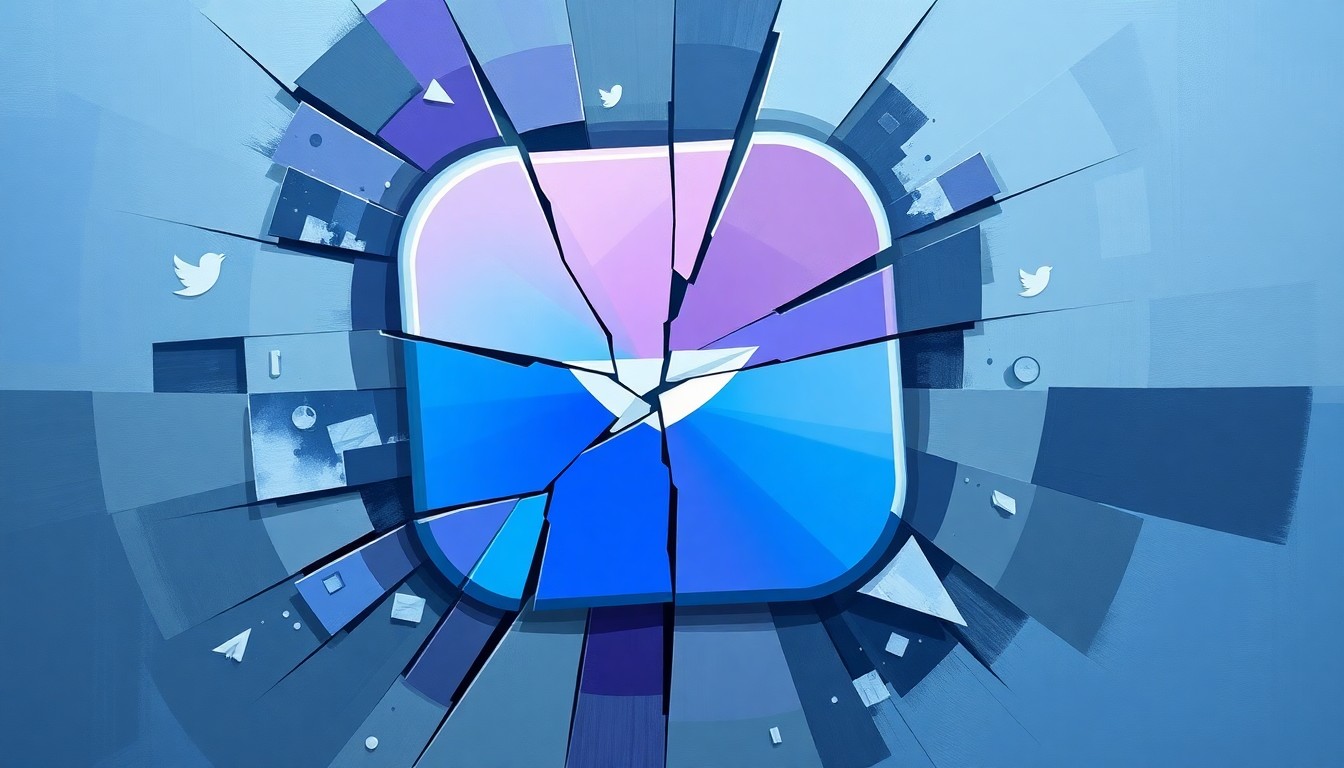 A fractured, abstract painting of a social media app icon in shades of blue, purple, and gray, representing the collision of technology and law enforcement.