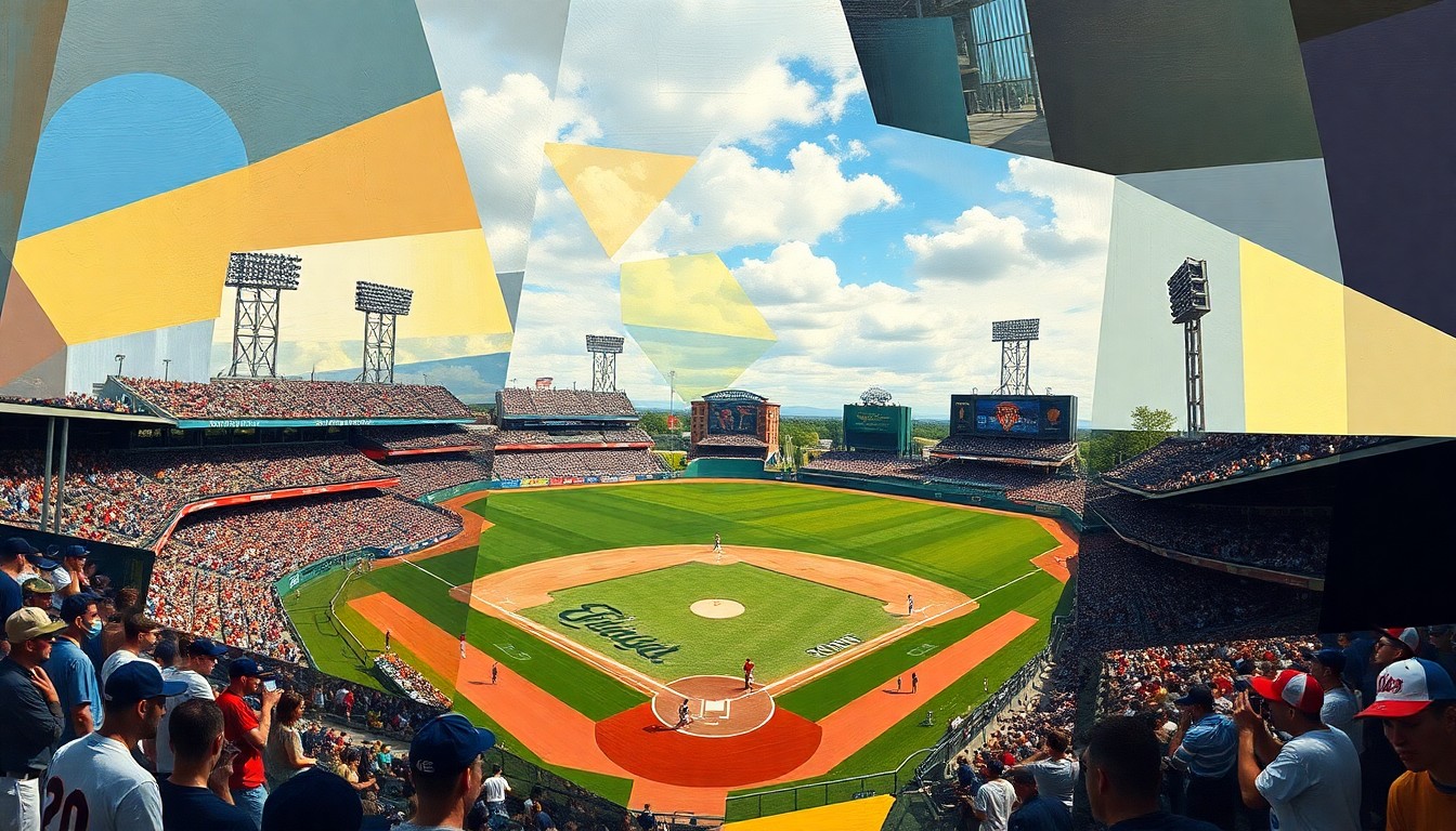 A cubist-style painting depicting a fragmented, geometric representation of a college baseball game, with sharp, overlapping shapes and planes conveying the disruption caused by a key player's departure.