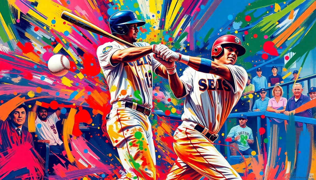 An extreme close-up of Miguel Vargas' powerful swing, captured in a vibrant expressionist painting style with rapid brushstrokes and neon colors, the baseball and players' forms dissolving into unrecognizable splatters of energy.