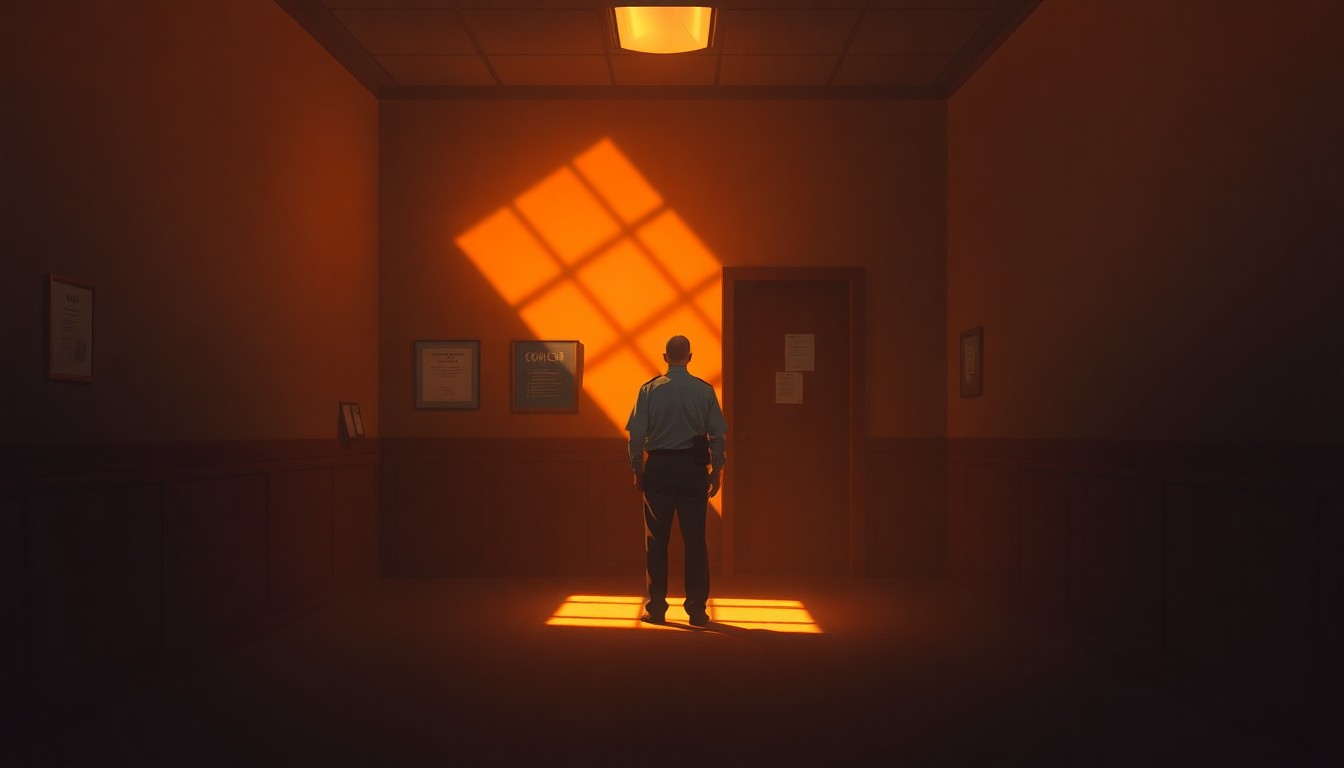 A dimly lit government office scene with a lone immigration officer standing at a desk, the room bathed in warm, diagonal sunlight and deep shadows, conveying a sense of quiet contemplation and bureaucratic routine.