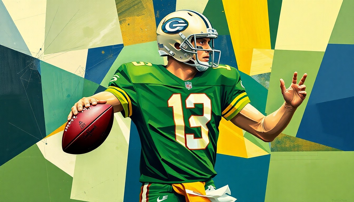 A fragmented, abstract painting depicting a football quarterback in motion, with sharp, overlapping planes of green, gold, and navy blue representing the dynamic nature of the backup QB position.