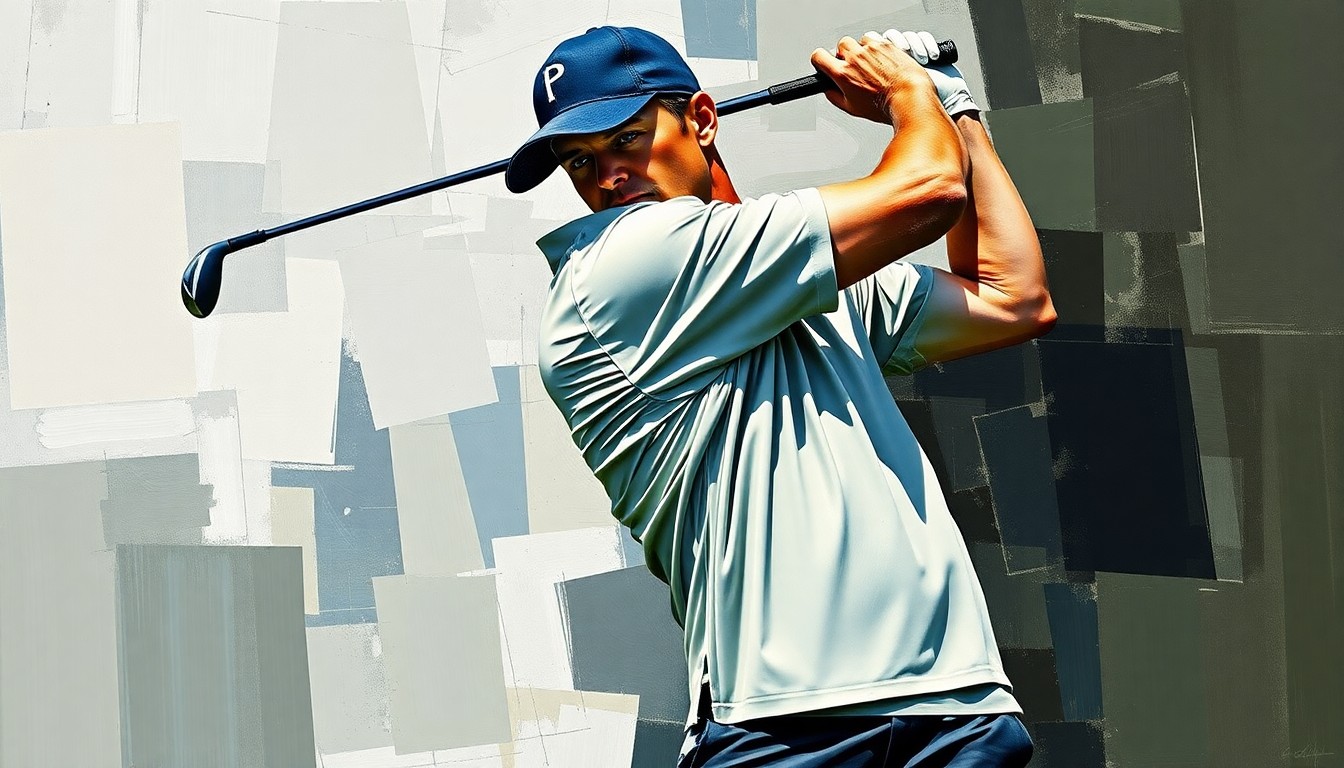A fractured, multi-perspective painting in vibrant colors depicting the dynamic motion of a golfer's swing, with the player's face and identifying features obscured, conveying the conceptual struggle to overcome recent challenges.