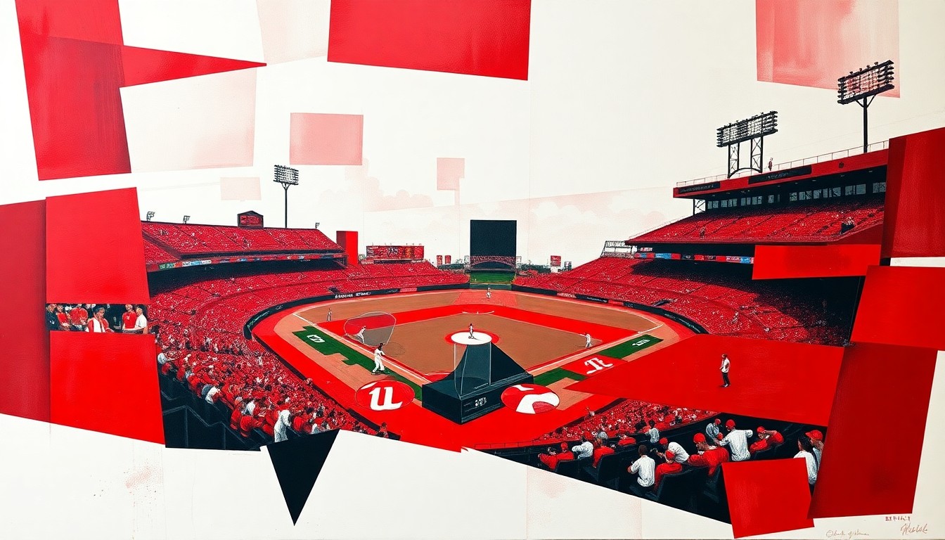 A cubist, geometric painting depicting a fragmented college baseball scene, with sharp planes of scarlet red, black, and white representing the dynamic action and energy of the game.