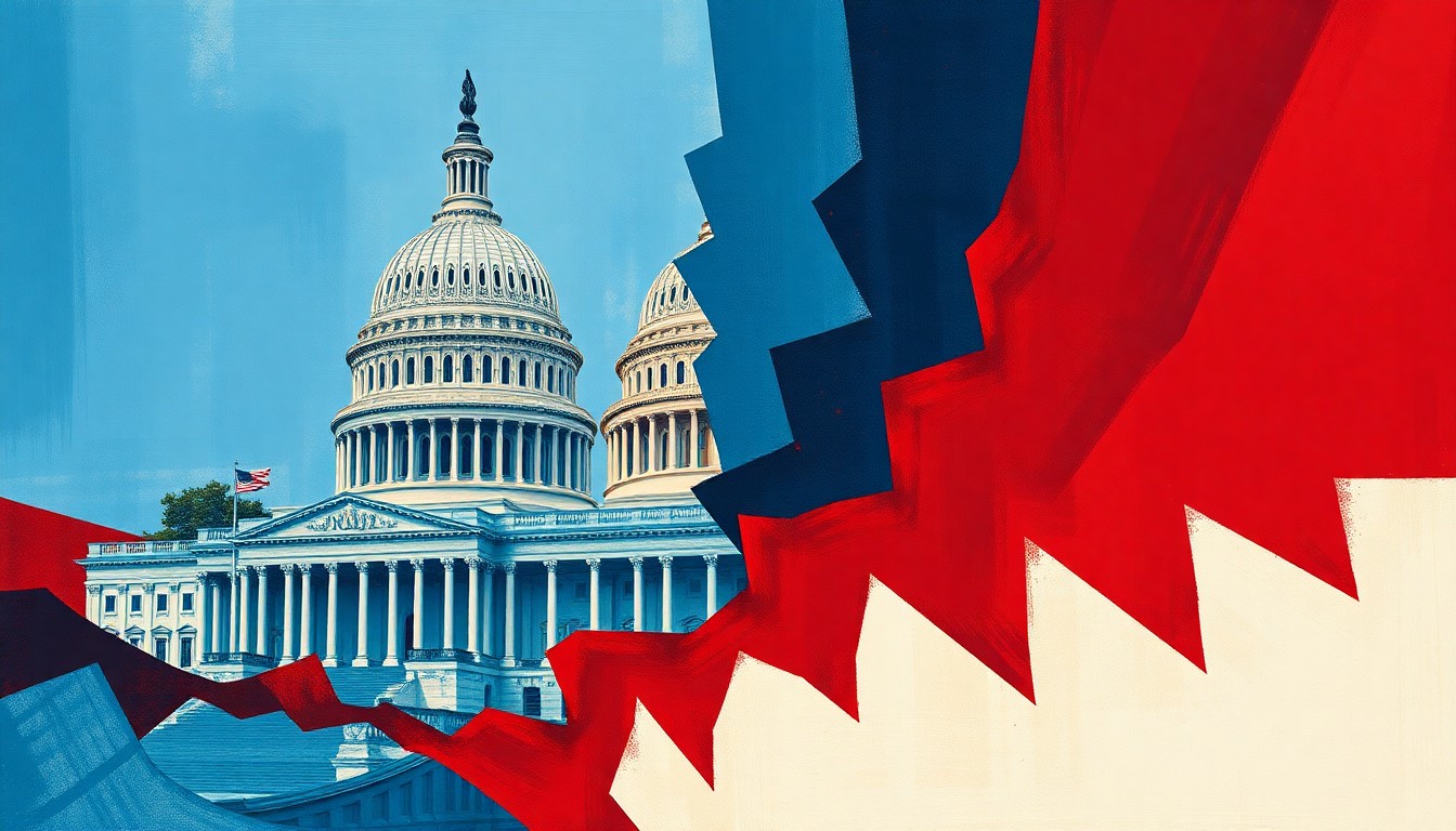 An abstract, fragmented painting of the U.S. Capitol building in shades of blue, red, and gold, conveying the sense of political chaos and gridlock in Washington.