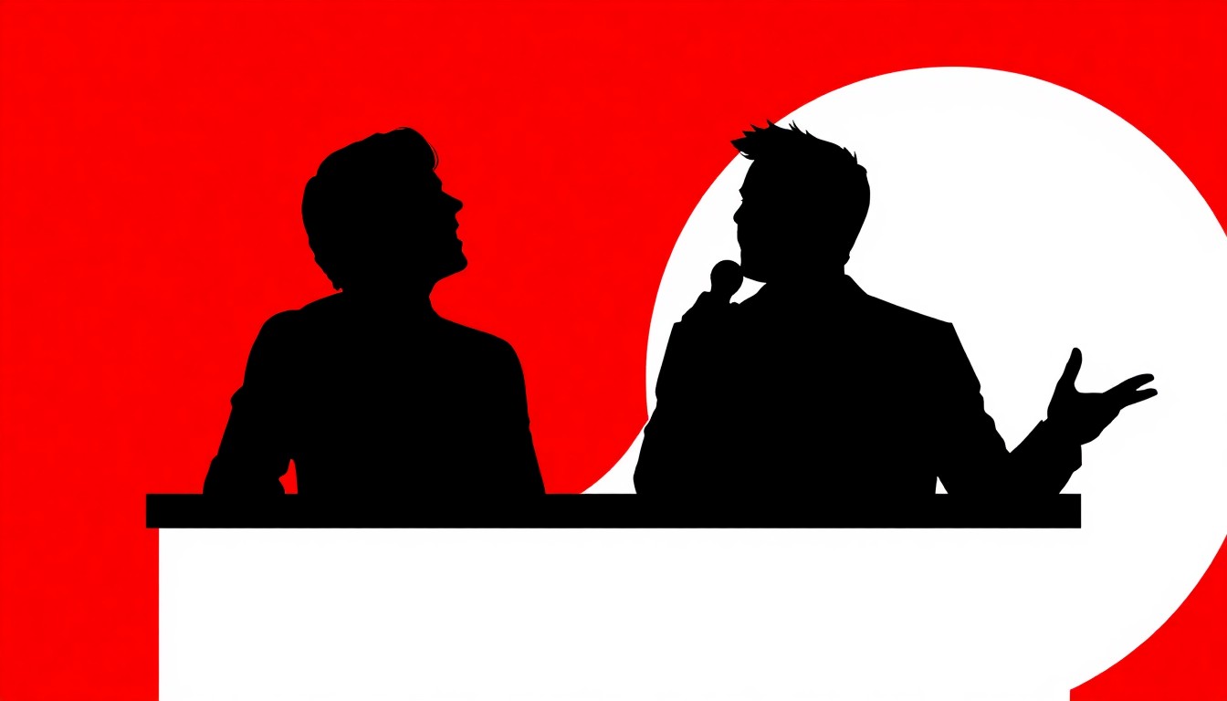 A minimalist, abstract illustration featuring two black silhouettes of singers facing off, set against a high-contrast background of solid red and white shapes, conveying the competitive spirit of The Voice's knockout rounds.