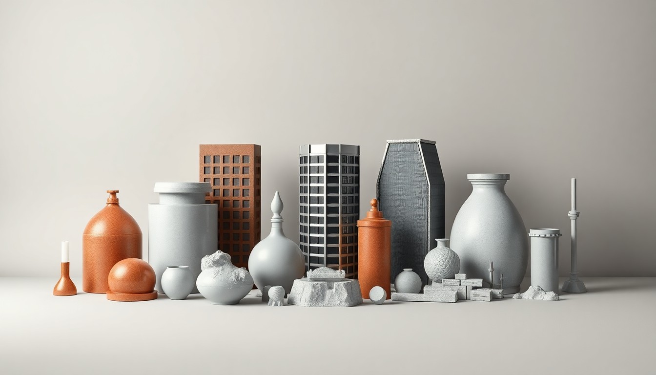 A minimalist studio photograph featuring a collection of sleek, geometric objects arranged on a plain background, symbolizing the abstract themes of urban renewal, flood control, and community needs.
