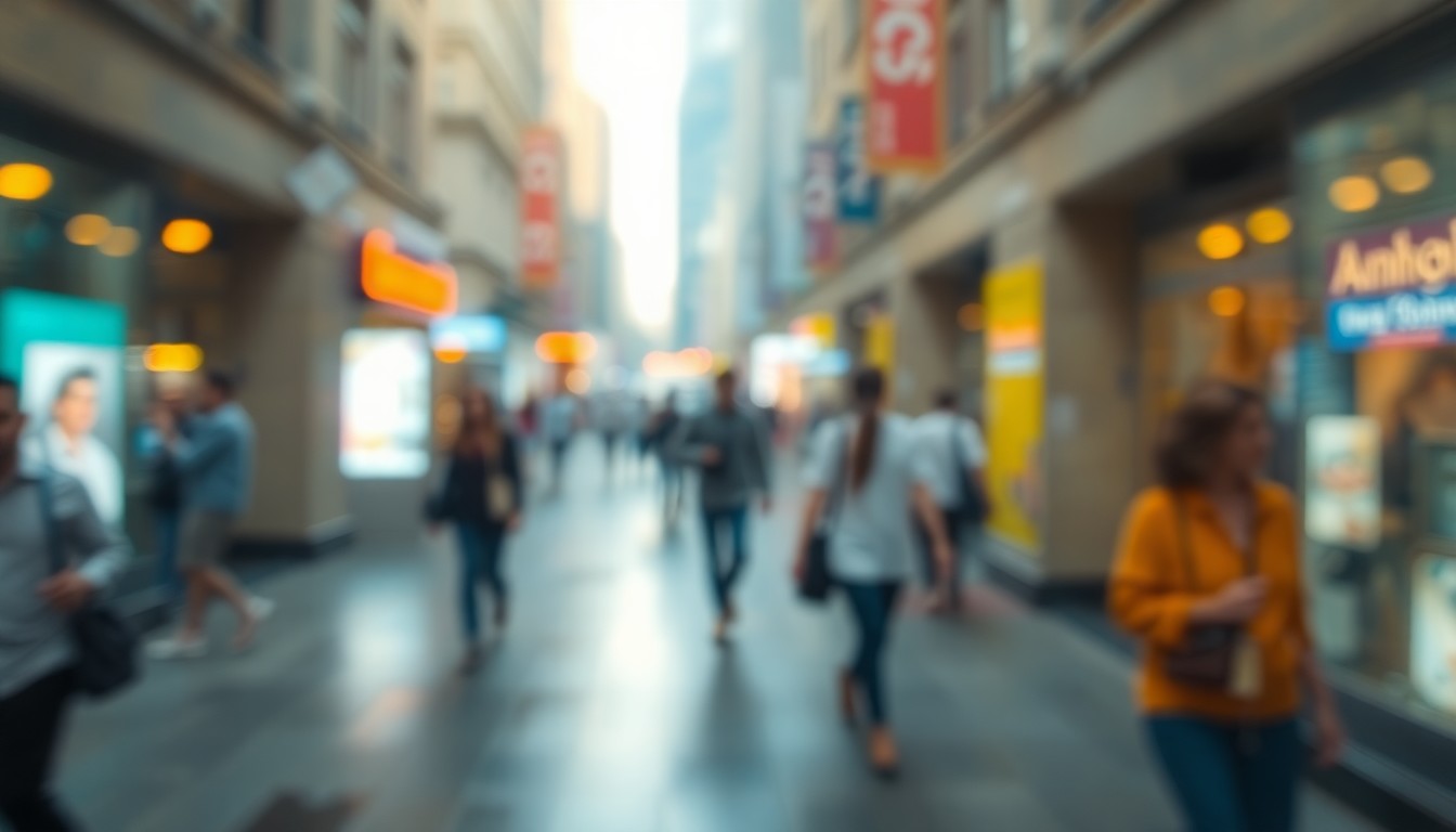 An abstract, impressionistic scene of blurred figures moving through a downtown area, with soft, warm colors and out-of-focus lighting, conveying a sense of community engagement and civic planning.