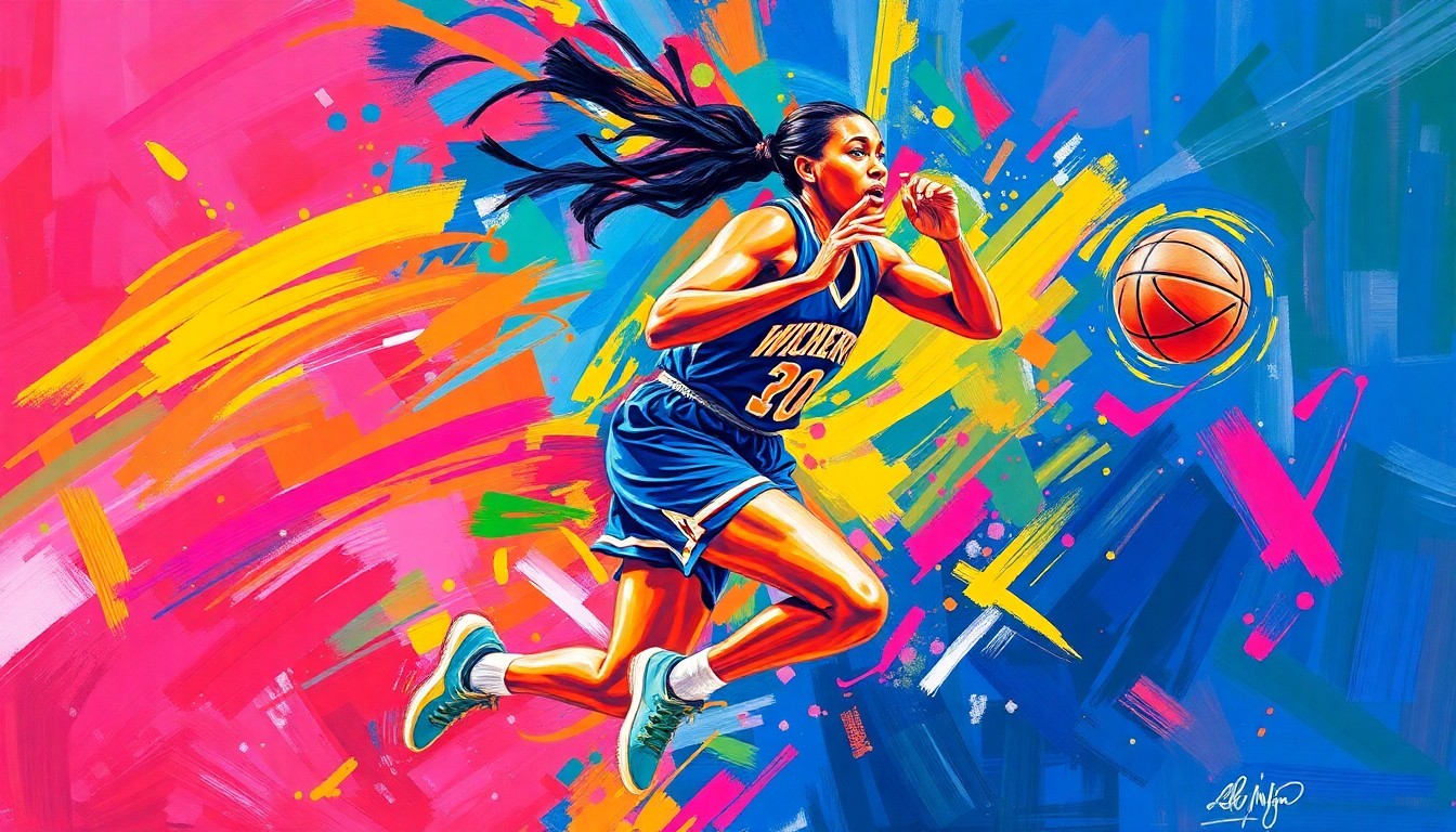 An abstract, energetic painting in the style of LeRoy Neiman, featuring a central figure of a basketball player in motion, their form dissolving into dynamic, expressive movements captured through vibrant neon colors and rapid brushstrokes, conceptually representing the intensity and excitement of a women's college basketball game.