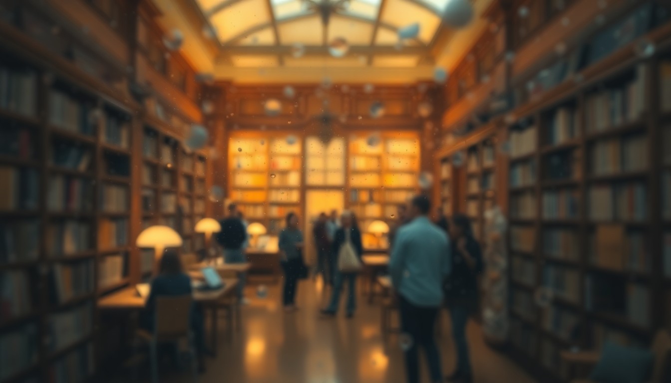 An abstract, impressionistic scene of people gathered in a warm, softly lit library interior, conveying a sense of community and connection.