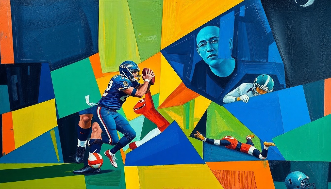 A cubist-style painting featuring fragmented geometric shapes and planes in navy, green, and orange, conceptually representing the dynamic and multifaceted nature of the Giants' new offense built around quarterback Jaxson Dart.