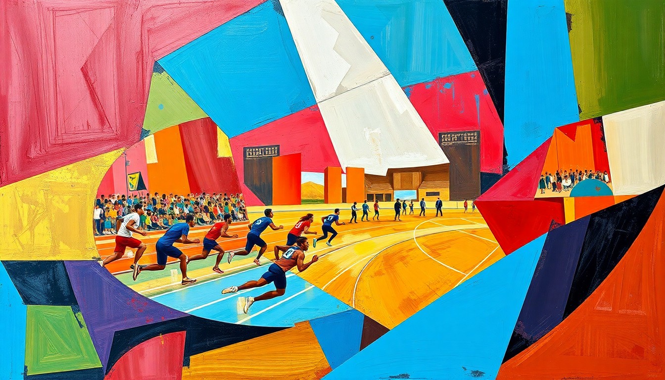 A fragmented, geometric painting in bold colors depicting various track and field events, conveying the dynamic nature of the high school competition.