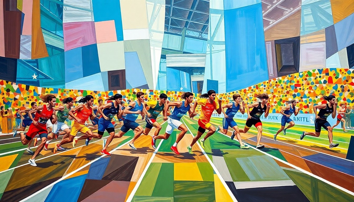 A cubist-style painting depicting a track and field competition, with athletes' bodies and movements fractured into sharp, overlapping geometric shapes in a vibrant color palette, conveying the energy and intensity of the event.