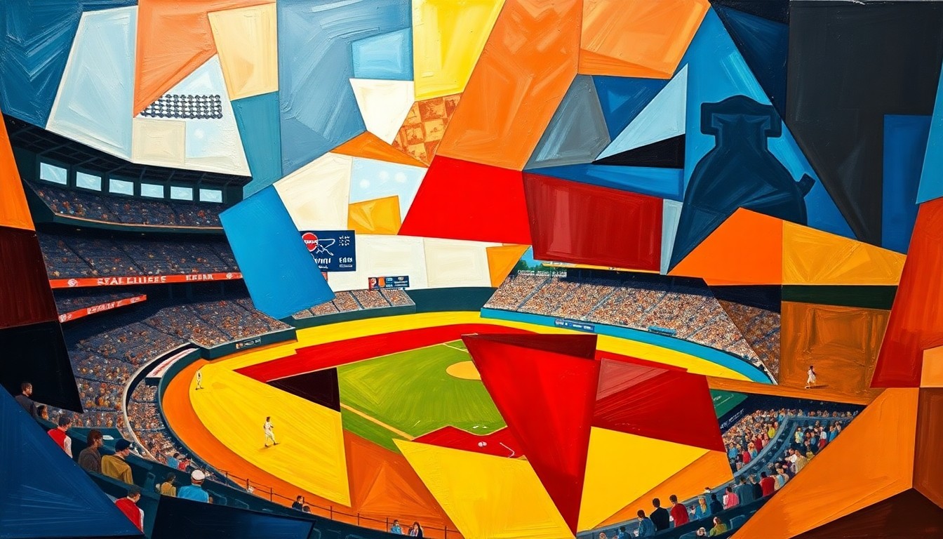 A fragmented, geometric painting depicting a baseball game, with sharp planes of color and overlapping perspectives conveying the excitement and action of the contest.