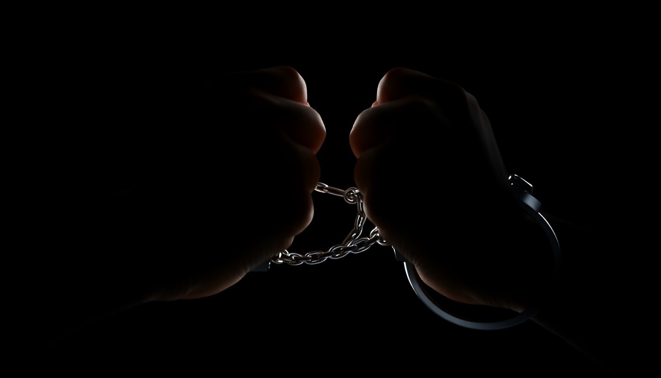 An extreme close-up of handcuffed wrists against a dark background, conceptually illustrating the detention of a person by authorities.