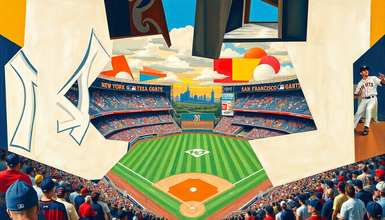 A fragmented, multi-angled painting depicting a baseball game between the New York Yankees and San Francisco Giants, with the players and field broken down into sharp, overlapping geometric shapes and planes of color.