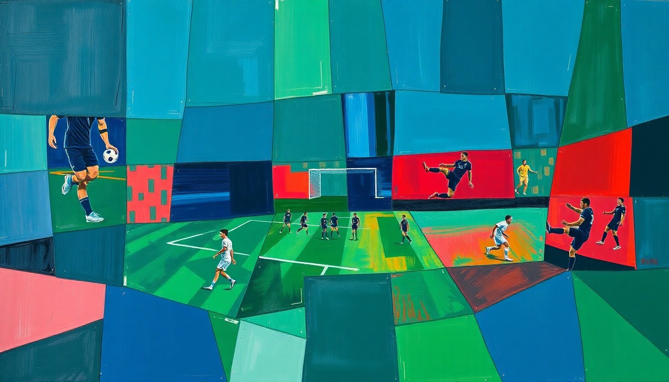 A fragmented, geometric painting in shades of blue, green, and red, depicting a conceptual soccer scene with overlapping planes and shapes, conveying the intricate nature of player transfers between top clubs.