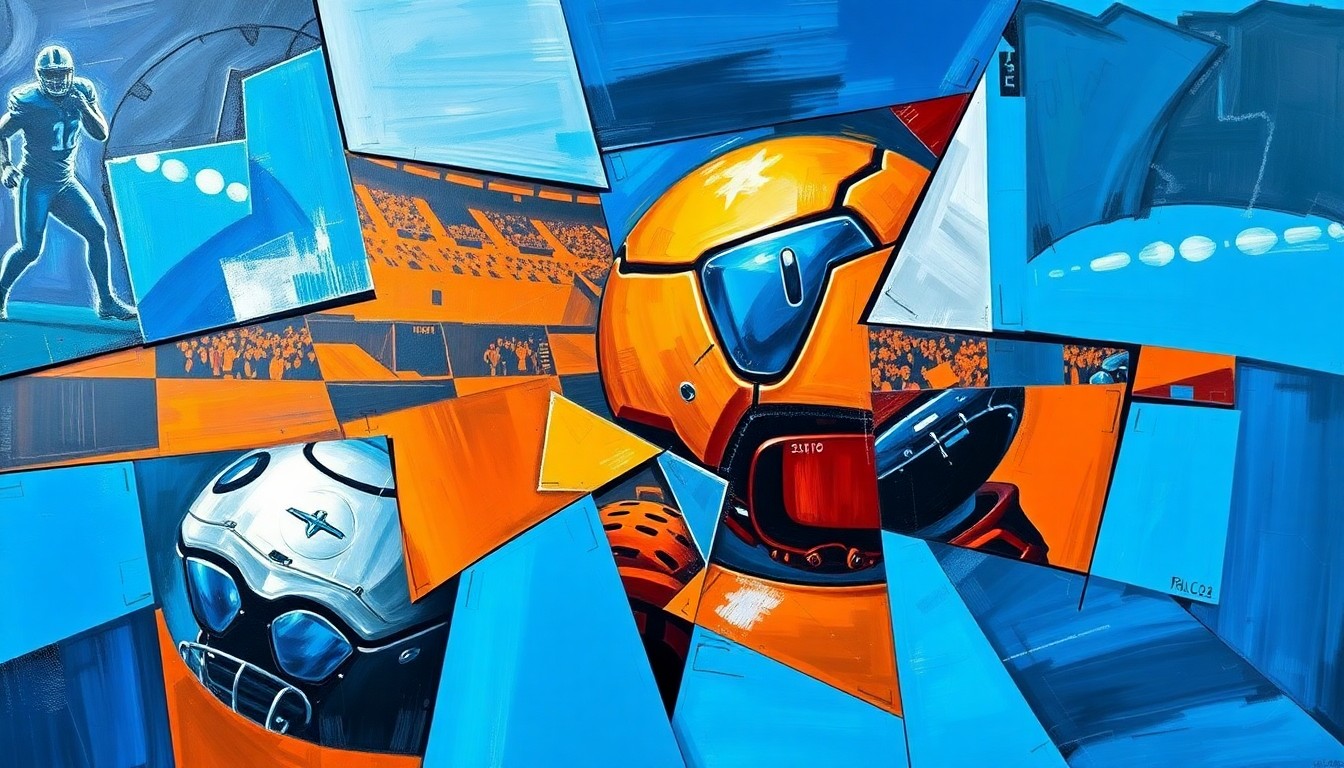 A fragmented, geometric painting depicting the abstract movements and energy of a football player in mid-air, rendered in a cubist style with bold, clashing colors.