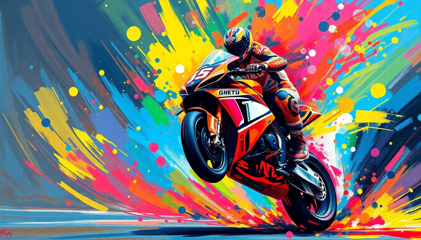 An abstract expressionist painting in vibrant neon colors, capturing the raw energy and motion of a MotoGP rider performing a dramatic wheelie celebration that ends in a crash, the bike's details dissolving into unrecognizable splatters of paint.
