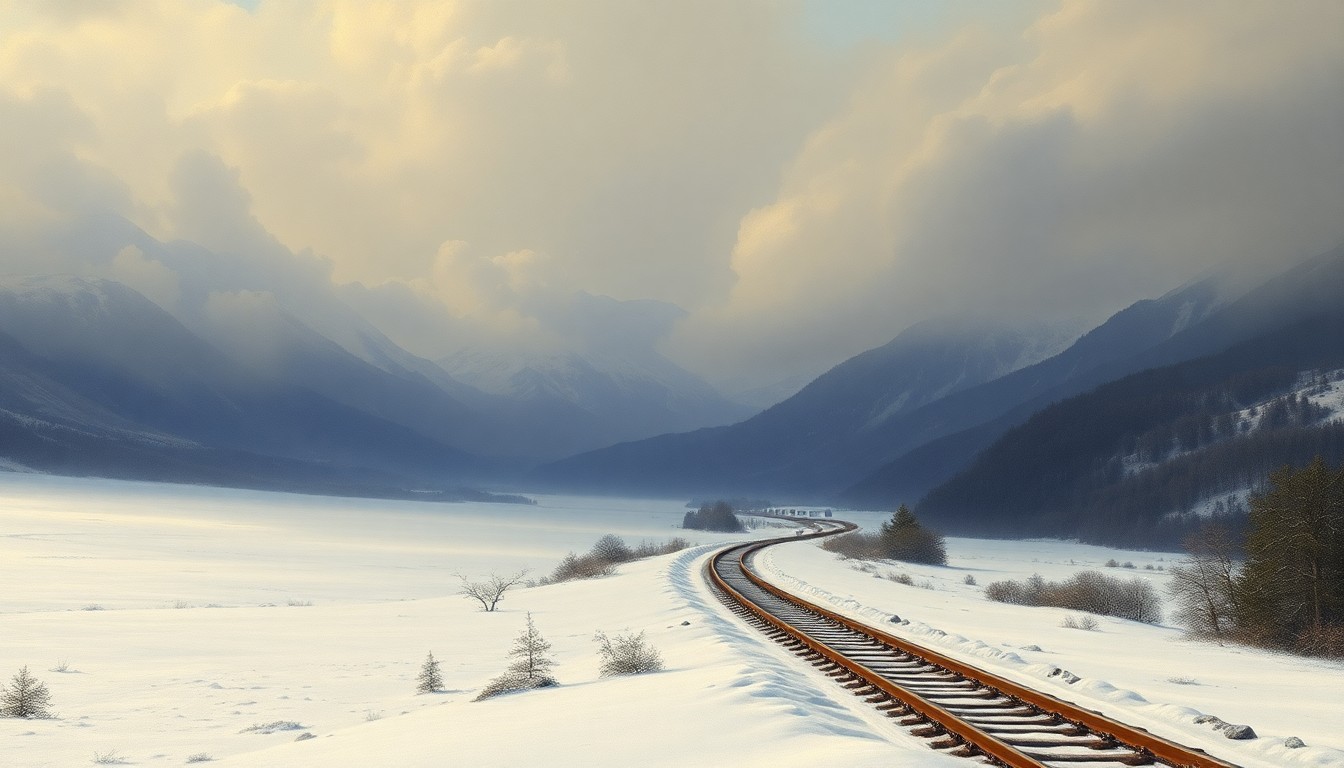 A sweeping, atmospheric landscape painting in muted tones of white, blue, and grey, with a partially obscured train track winding through the snowy expanse, conceptually representing the remote setting and scale of the derailment incident.