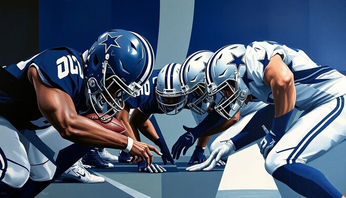A fragmented, geometric painting depicting a football defensive line, with sharp planes of navy blue, silver, and white representing the Dallas Cowboys' players and their movements.