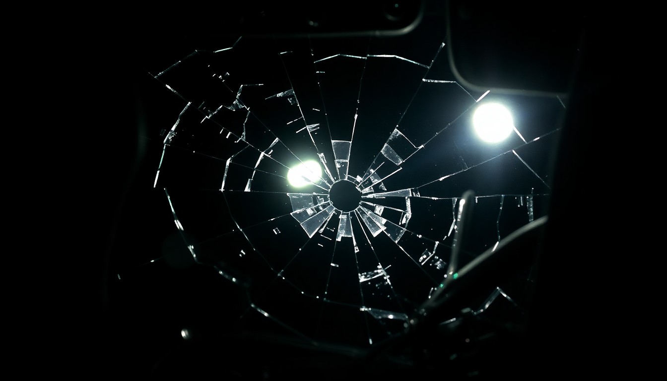 An extreme close-up photograph of a cracked and shattered car windshield reflecting the harsh glare of a camera flash, conceptually representing the aftermath of a pedestrian accident.