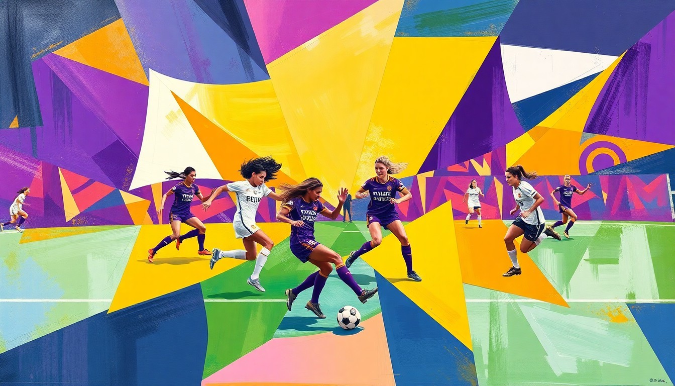 A cubist, geometric painting depicting a women's soccer match, with sharp, overlapping planes of purple, gold, and white representing the Orlando Pride team colors.