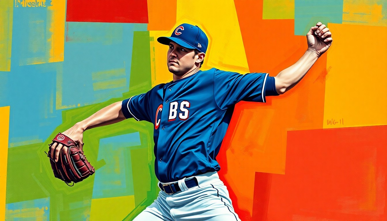 A cubist-style painting depicting a baseball pitcher's delivery broken down into sharp, geometric shapes and planes in the Cubs' blue and red colors, conveying the raw power and movement of Horton's pitching performance.