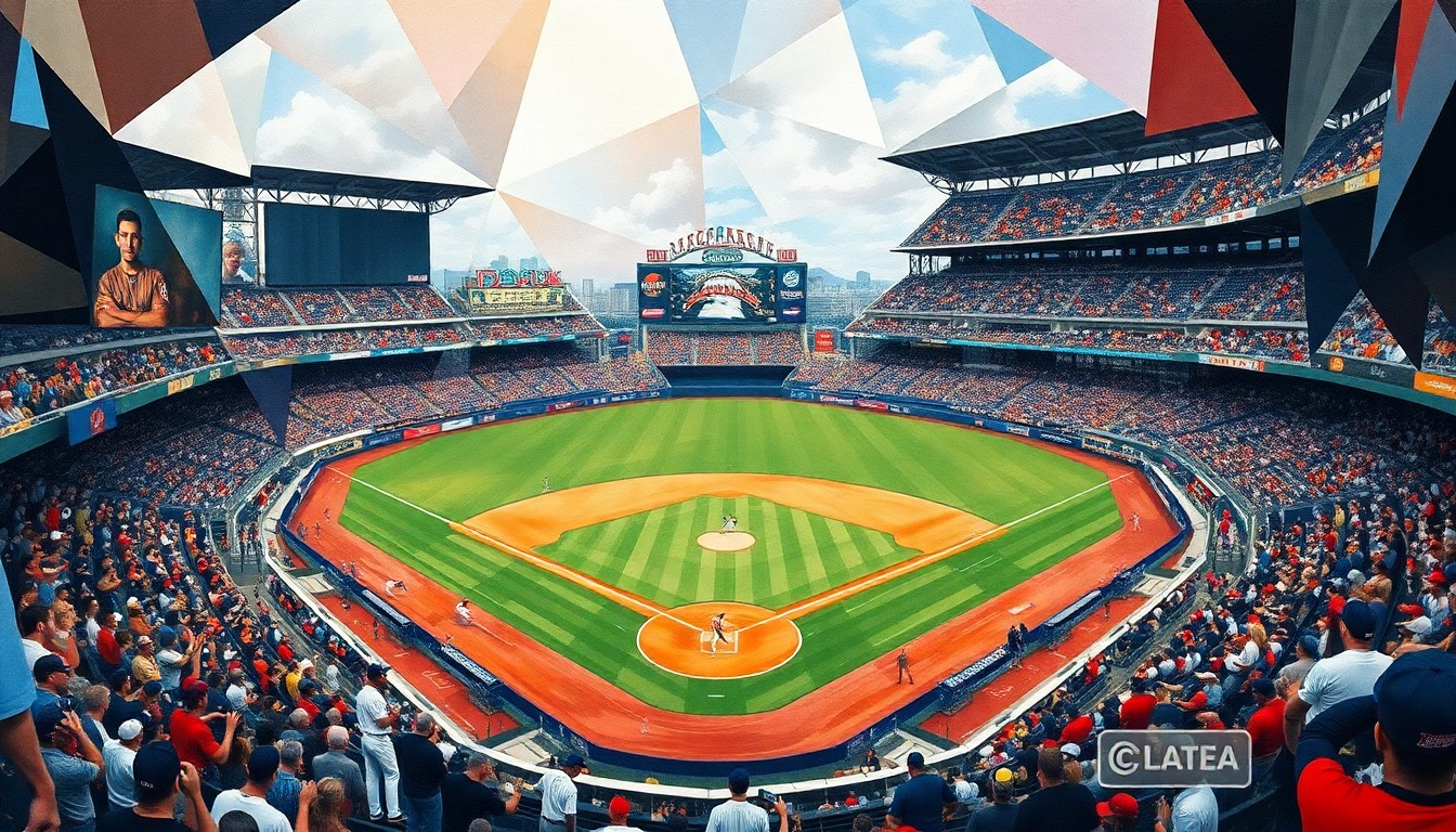 A fragmented, geometric painting depicting the climactic moments of a baseball game, with players, field, and stadium rendered in sharp, overlapping planes of color and shape.