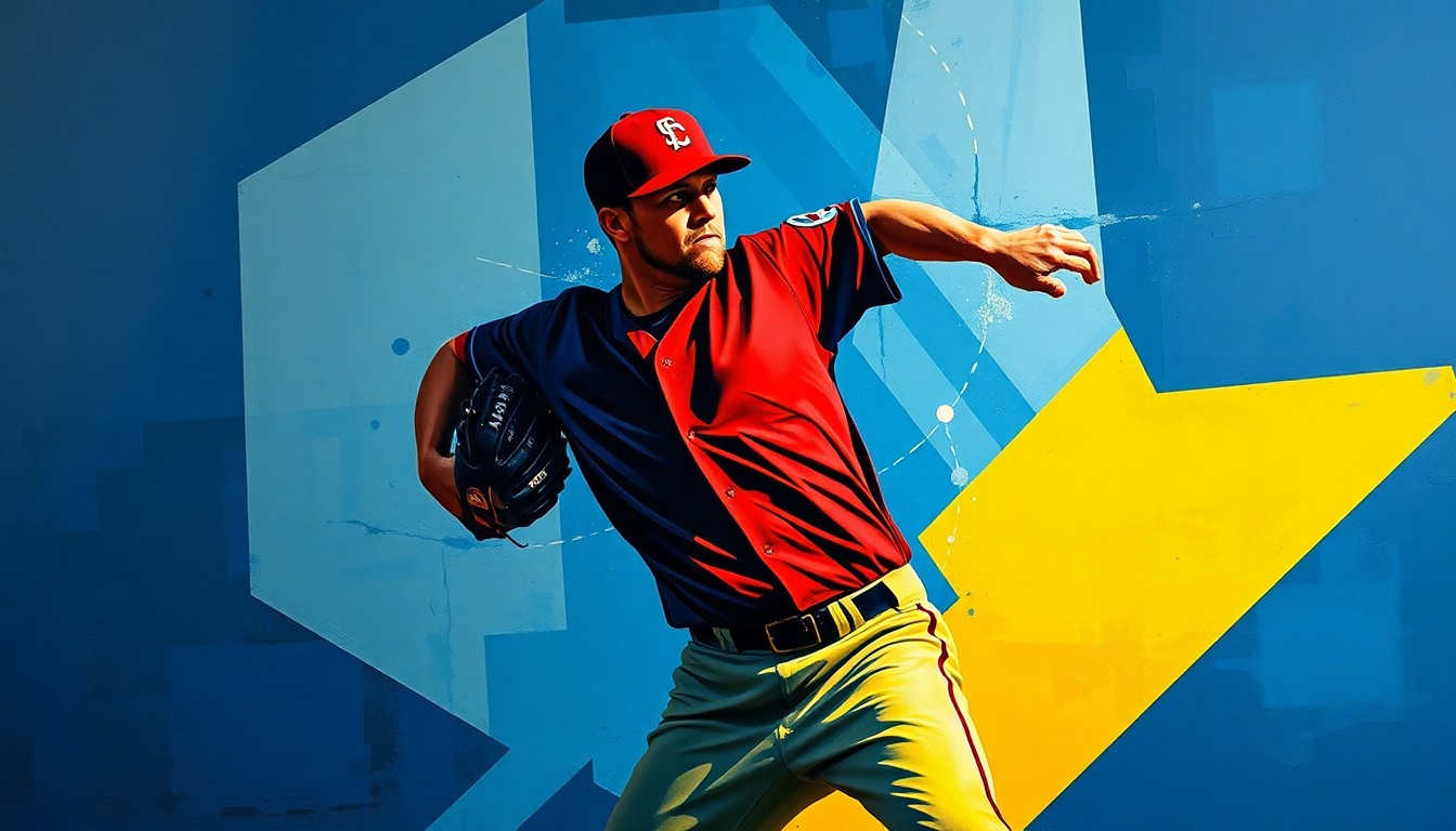 A fragmented, geometric painting depicting the motion of a baseball pitcher, with sharp planes of navy, crimson, and yellow overlapping to create a dynamic, abstract representation of the sport.