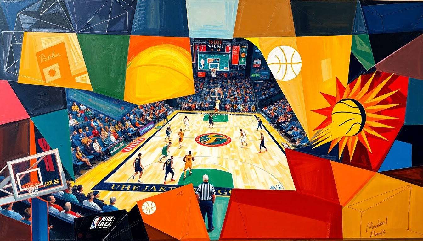 A cubist, geometric painting depicting a basketball game between the Utah Jazz and Phoenix Suns, with sharp, overlapping planes of color representing the players, court, and game action.