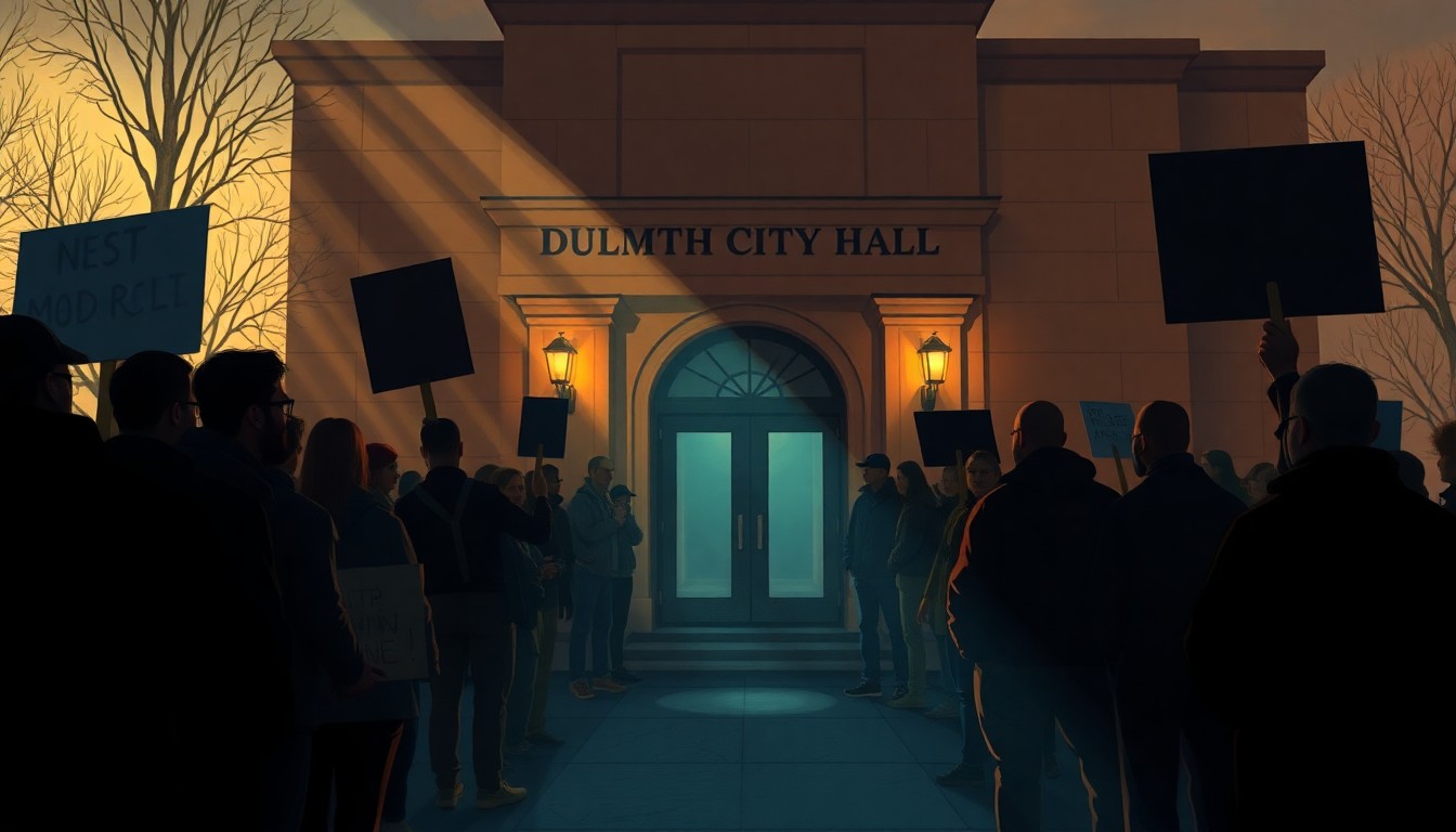 A cinematic painting depicting a group of protesters gathered in front of Duluth City Hall, their faces and forms obscured by warm light and deep shadows, conveying a sense of political unrest and the search for a way forward.