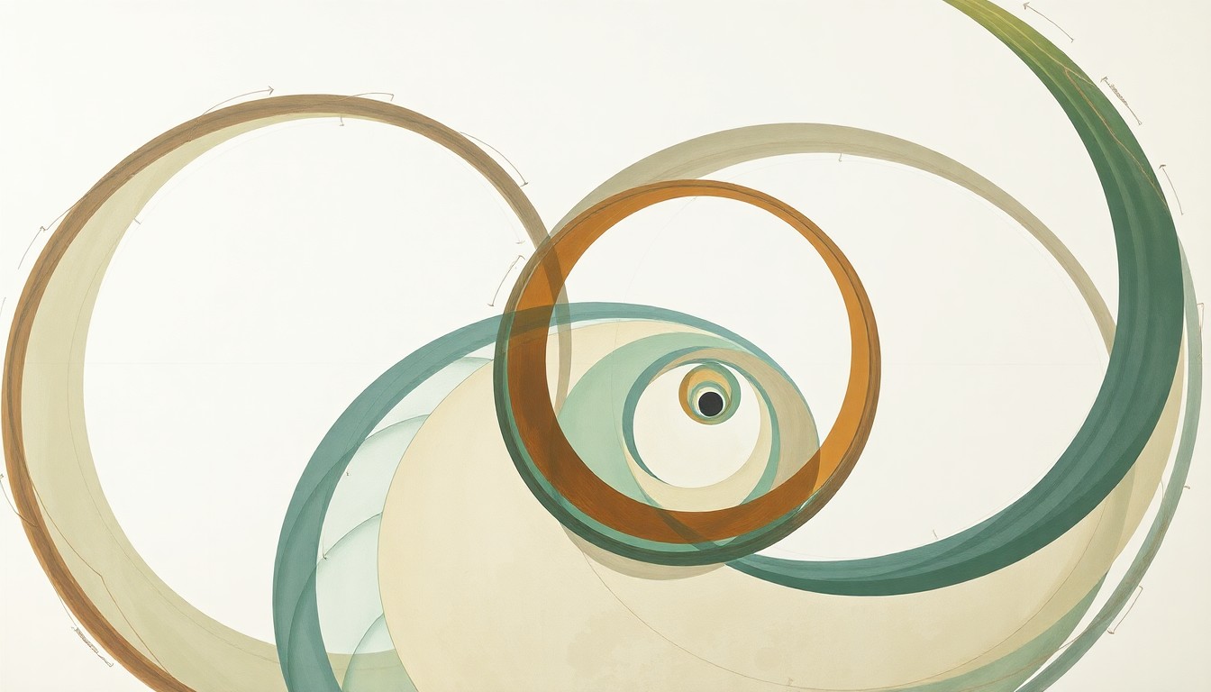 A bold, abstract painting in the style of Hilma af Klint, featuring sweeping geometric shapes, concentric circles, and precise botanical spirals in earthy tones of green, brown, and blue, conceptually representing the complex engineering and renewable energy principles behind the KidWind competition.