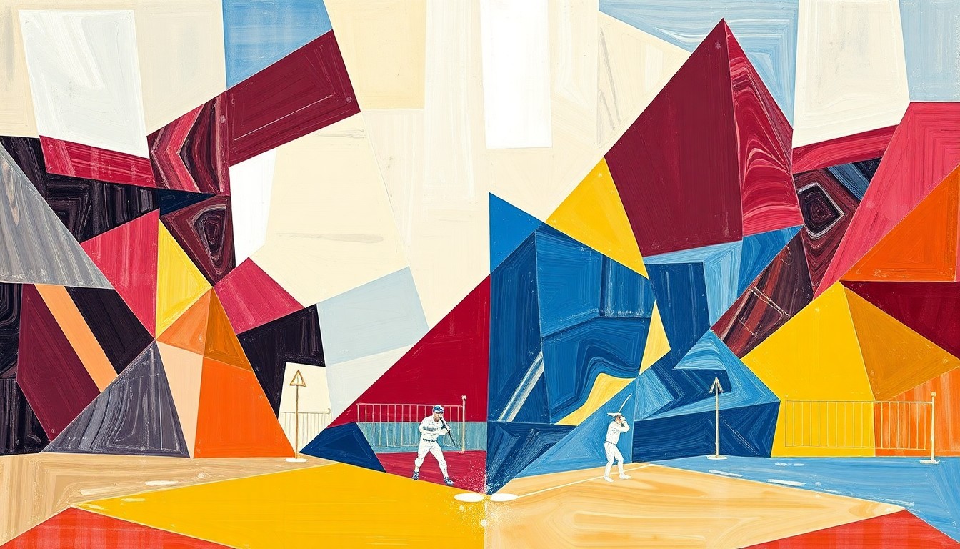 A fragmented, geometric painting in maroon, white, blue, and gold hues, capturing the dynamic energy and competitive spirit of a high school baseball game through an abstract, multi-angled visual style.