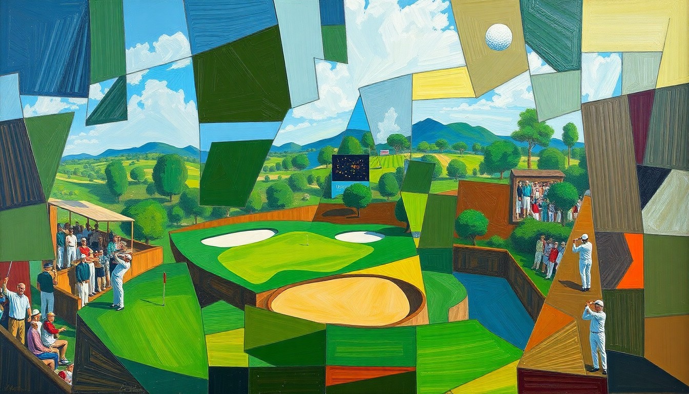 A fragmented, geometric painting depicting a golf tournament scene, with sharp planes of color and overlapping perspectives, conveying the excitement and drama of the final round.
