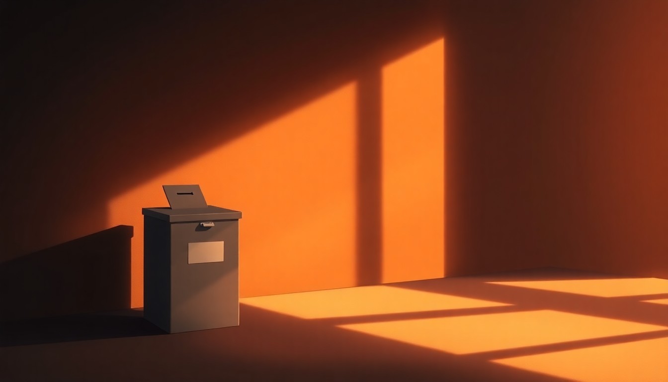 A serene, photorealistic painting of an old-fashioned ballot box sitting alone on a wooden table, the scene bathed in warm, golden light and deep shadows, conveying a sense of civic duty and the importance of local elections.