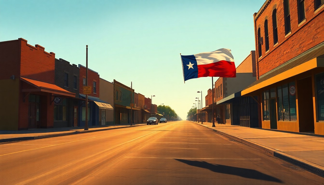 A serene, nostalgic painting depicting a lone Texas state flag waving in the warm sunlight of a small-town main street, with deep shadows cast across the empty sidewalk, conveying a sense of political uncertainty and the high stakes of the upcoming midterm elections.