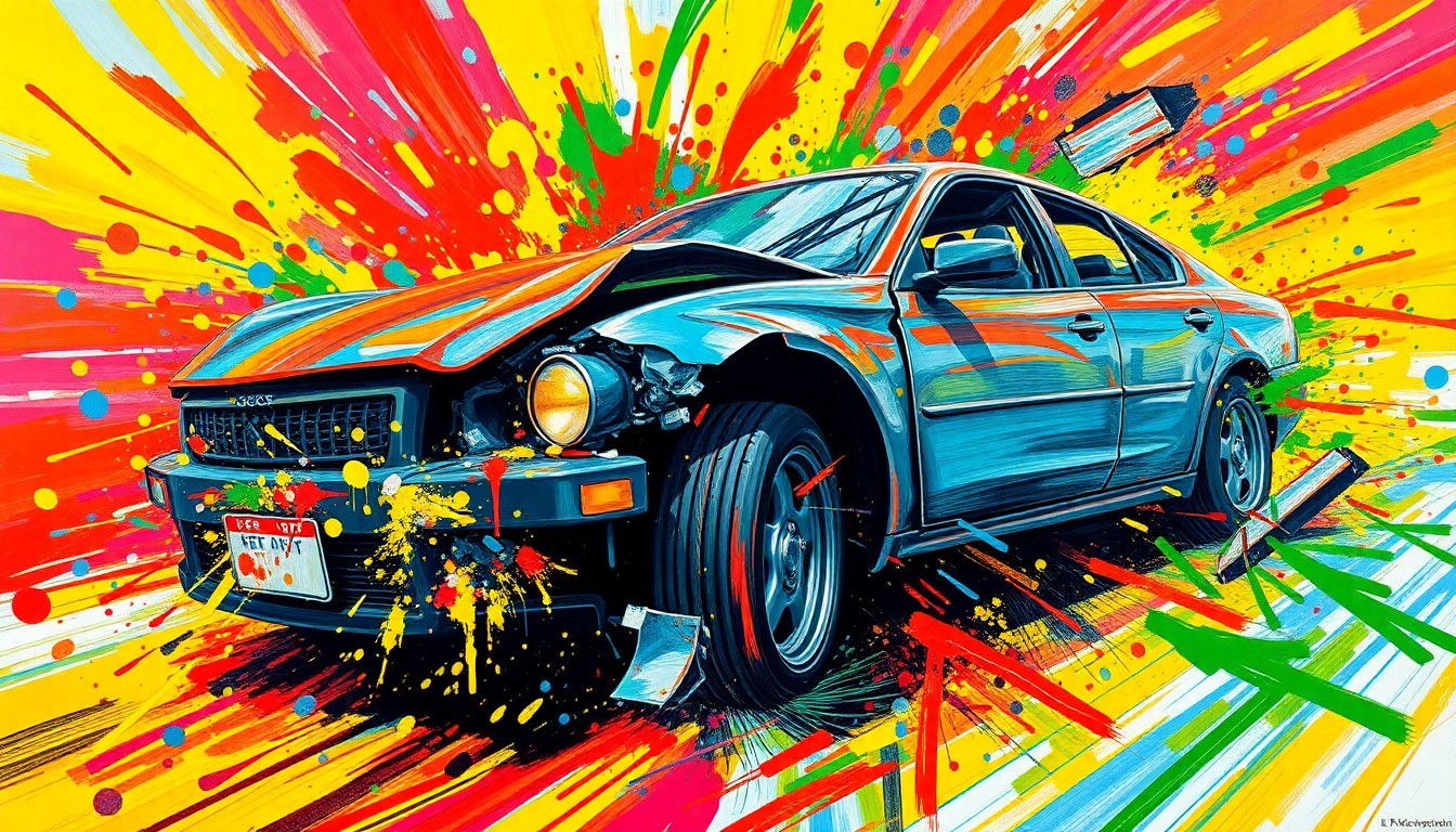 An extreme close-up of a crumpled, twisted car frame in a blur of vibrant neon colors, conceptually representing the chaos and destruction of a high-speed crash involving a famous athlete.